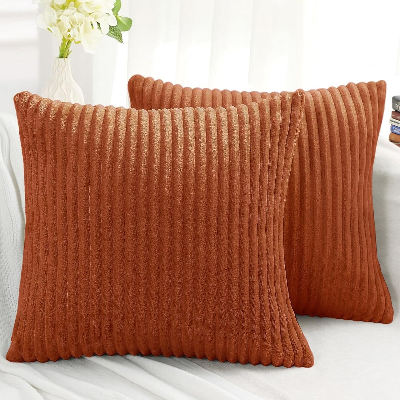 Simmore Christmas Decorative Throw Pillow Covers 18x18 Set of 2, Soft Plush Flannel Double-Sided Fluffy Couch Pillow Covers for Sofa Living Room Home Decor, Rust